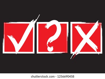 White question, and tick check marks, approval signs design. X and OK symbol icons in red square check boxes isolated on black. Check list marks, choice options, test, quiz or survey signs.