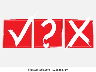 White question, X and tick check marks, approval signs design. X and OK symbol icons in red square check boxes. Check list marks, choice options, test, quiz or survey signs