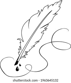 White quill pen with ink drops and ink path. Vector illustration