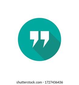 white quote marks in blue circle with shadow isolated on white.  Flat reading icon. Vector illustration. quotation logo.  Chat sign. 