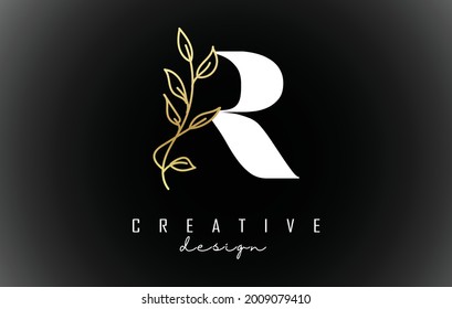 White R letter logo design with golden leaves branch vector illustration. Creative and elegant icon with letter R.