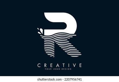 White R Letter Logo with Waves and Water Drops Design Vector Illustration.