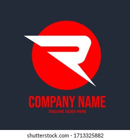White R logo letter in sharp shape in red circle frame describing speed and racing look isolated on dark background