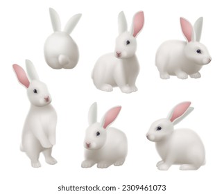 White rabbit. Animal in various poses in science laboratory decent vector pictures set