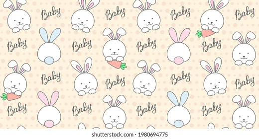 White rabbit, baby hand lettering and carrot on a light orange background. Endless texture with bunny, tiny hare. Vector seamless pattern for cover, wrapping paper, packaging, wrapper, surface texture