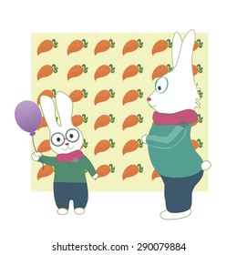 white rabbit with balloon and carrot pattern background