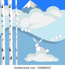 White rabbit and birch tree on mountain landscape flat style illustration 