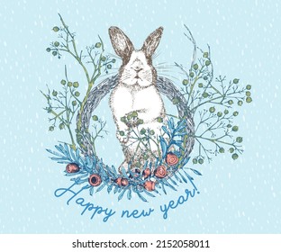 White rabbit with black spots around the eyes. Chinese New Year Symbol Hare. Seating bunny in christmas wreath. New year greeting card in blue color. Hand drawn Enaving sketch. Vector illustration