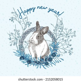 Conejo blanco con manchas negras alrededor de los ojos. Portada de símbolos de Año Nuevo chino. Solera sentada en Navidad. Tarjeta de bienvenida de año nuevo de color azul. Dibujo manual Esbozo de grabación. Ilustración del vector