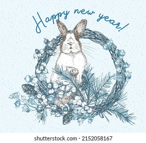 Conejo blanco con manchas negras alrededor de los ojos. Portada de símbolos de Año Nuevo chino. Solera sentada en Navidad. Tarjeta de bienvenida de año nuevo de color azul. Dibujo manual Esbozo de grabación. Ilustración del vector