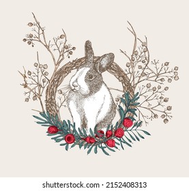 Weißes Kaninchen mit schwarzen Flecken um die Augen. Chinesisches Symbol für Neujahr. Weihnachtsblase im Weihnachtskranz. Neujahr Grußkarte in warmer Farbe. Handgezeichnet Enaving-Skizze. Vektorgrafik