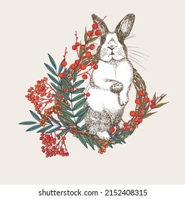 White rabbit with black spots around the eyes. Chinese New Year Symbol Hare. Seating bunny in christmas wreath. New year greeting card in warm color. Hand drawn Enaving sketch. Vector illustration