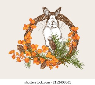 White rabbit with black spots around the eyes. Chinese New Year Symbol Hare. Seating bunny in christmas wreath. New year greeting card in warm color. Hand drawn Enaving sketch. Vector illustration
