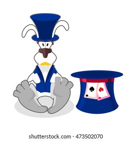 White rabbit in blue hat. bunny in waistcoat. Cylinder is Mad Hatter. Illustration for Alice in Wonderland.
