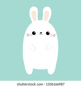 White rabbit bunny. Cute kawaii cartoon character. Funny head face. Big ears. Paw print hands. Happy Easter. Baby greeting card. Blue pastel color background. Flat design. Vector illustration