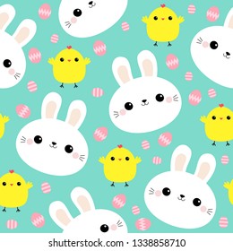 White rabbit bunny face. Chicken, Easter egg. Seamless Pattern. Cute cartoon kawaii funny smiling baby character Wrapping paper, textile template Nursery decoration Green background Flat design Vector