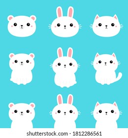 White rabbit bunny, polar bear, cat, kitten, kitty. Kawaii cartoon character set. Cute funny head face. Baby greeting card template. Notebook cover, tshirt. Blue background. Flat design. Vector