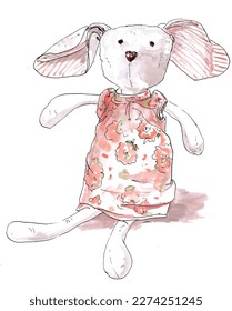 White rabbit bunny soft toy pink teddy  Watercolor sketch illustration  Isolated vector 
