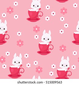 White rabbit, bunny in a tea, coffee cup vector illustration. Seamless vector pattern