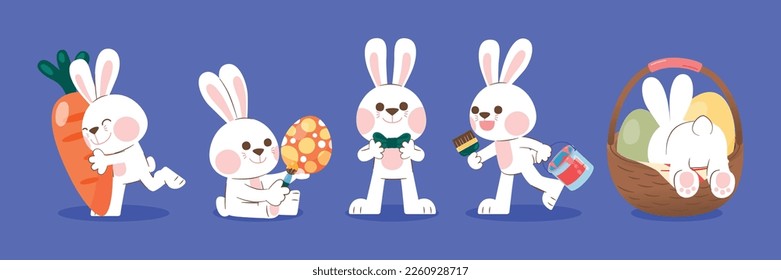 White Rabbit With Carrot, Easter Egg, Bow, Paint Brush, Paint Bucket And Basket, Vector, Illustration