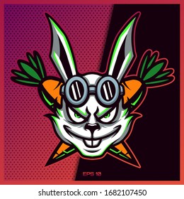 White rabbit with carrot esport and sport mascot logo design in modern illustration concept for team badge, emblem and thirst printing. Bunny illustration on Pink Purple Background.Vector illustration