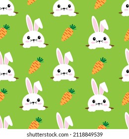 White rabbit and carrot on light green background vector pattern.Cute bunny for greeting card on Easter concept.Colorful seamless for fabric,wrapping,cover,tile,wallpaper,tablecloth and etc.