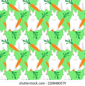 White rabbit with a carrot on a light green background. Seamless pattern with animals, print. Vector illustration