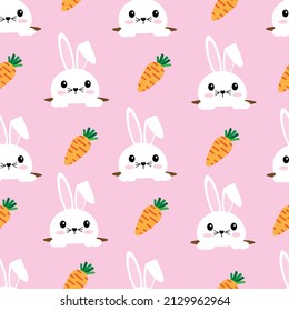 White rabbit and carrot on sweet pink background vector pattern.Cute bunny design for greeting card on Easter concept.Colorful seamless for fabric,wrapping,cover,tile,wallpaper,tablecloth.