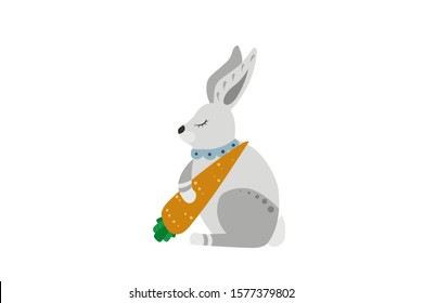 White rabbit with carrot. Sweet dreams. Vector illustration.