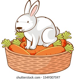 White rabbit and carrots on white background illustration