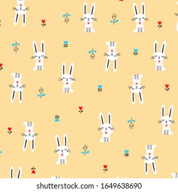 white rabbit cartoon drawing patterns with seamless patterns, vector illustrations, flowers with their stems as ornaments