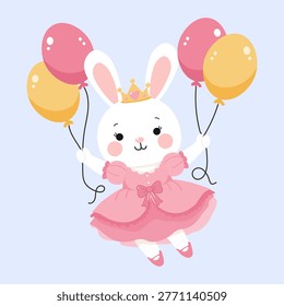 White rabbit character dressed as a princess flying with bright balloons. The bunny wears a pink tiered dress with a bow and a golden crown. Includes red, orange, and yellow balloons. High-quality artwork for girl birthday invitations, royal nursery themes, and feminine holiday celebration graphics.