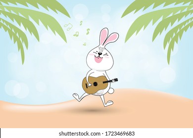 Personaje de conejo blanco tocando guitarra en verano. Música de amor animal. Ilustración vectorial. Eps 10.