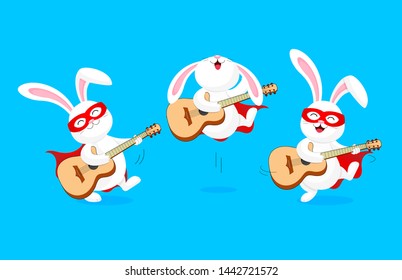 White rabbit character in super hero costume playing guitar. Cute bunny in funny costume, mask and cape. Cartoon character design. Illustration isolated on blue background.