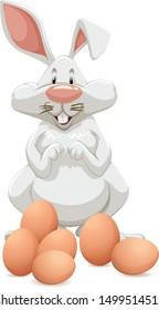 White rabbit with chicken eggs illustration