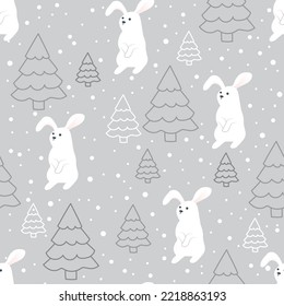 White rabbit with Christmas trees on a gray background.The symbol of the Chinese New Year. Wrapping paper, winter greetings, web page background, Christmas and New Year greeting cards