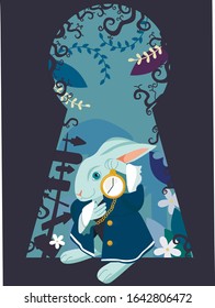 white rabbit with a clock from Wonderland