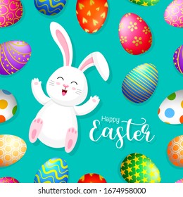 Conejo blanco con coloridos huevos de Pascua. Hermoso. Diseño de caricaturas, ilustración vectorial aislada en fondo azul.