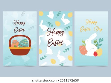 White rabbit concept in the flat cartoon design. Three greeting cards for Easter with rabbits, decorative Easter eggs and flowers, perfect for celebrating the spring holiday. Vector illustration.