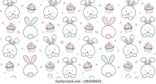 White rabbit and cupcakes on a white background with small stars. Endless texture with bunny, tiny hare. Vector seamless pattern for cover, wrapping paper, packaging, wrapper, surface texture or print