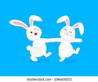 White rabbit dancing. Cute bunny,  Happy Easter day, cartoon character design. Illustration isolated on blue background.