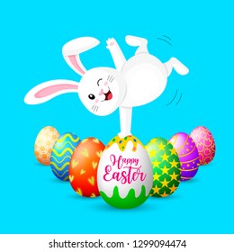 White rabbit doing a somersault with Easter eggs. Happy Easter day. Illustration isolated on blue background. Great for your design of poster, greeting card and banner.