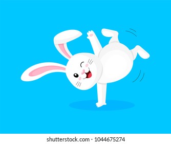 White rabbit doing a somersault, jumping and dancing. Cute bunny. Happy Easter day, cartoon character design. Illustration isolated on blue background.