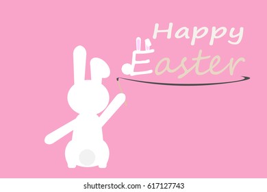 white rabbit drawing text on pink background design.vector and illustration