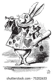 White Rabbit, dressed as herald, blowing trumpet Alice's Adventures in Wonderland original vintage engraving. Near the King was the White Rabbit, with a trumpet in one hand, and a scroll of parchment