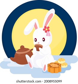 White Rabbit Drinking Tea with Moon Cake