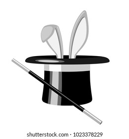 White rabbit ears appear from the magic hat, isolated on white background. Vector illustration