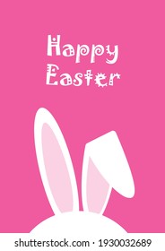 White rabbit ears and Happy Easter text on pink background.