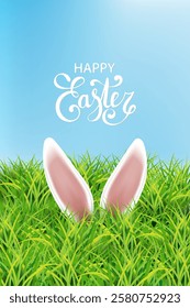 White rabbit ears sticking out of the grass. Spring landscape with blue sky. Cute cartoon spring easter design