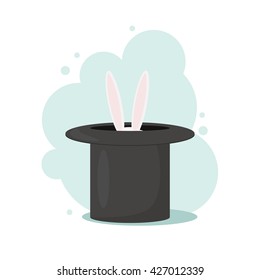 White rabbit ears sticking out of a black magician's top hat, a single composition in a light blue frame on a white background. Vector illustration. 